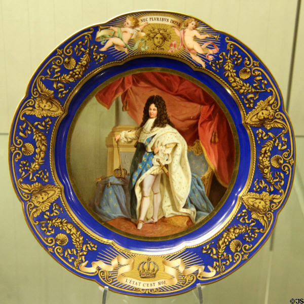 Plate (c1875) with portrait of Louis XIV, King of France, manufactured by Sèvres & München, belonging to Ludwig II, at King Ludwig II Museum. Chiemsee, Germany.