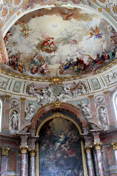 Frescoes & painting of Assumption of the Blessed Virgin on high altar at Ettal Benedictine Abbey. Ettal village, Germany.