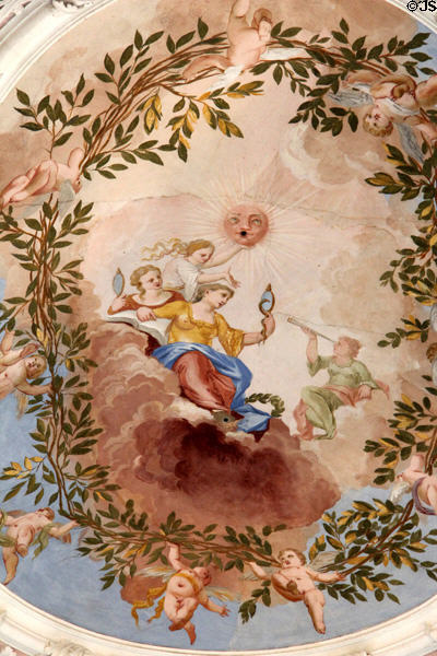 Ceiling fresco in monastery library at Museum of City of Füssen in Kloster St Mang. Füssen, Germany.