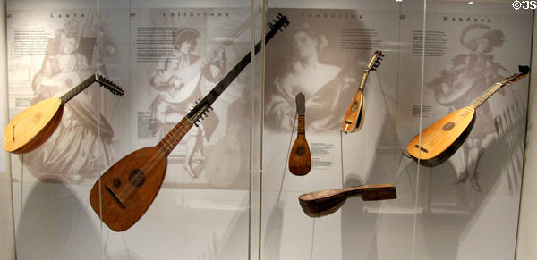 Lute display at Museum of City of Füssen in Kloster St Mang. Füssen, Germany.