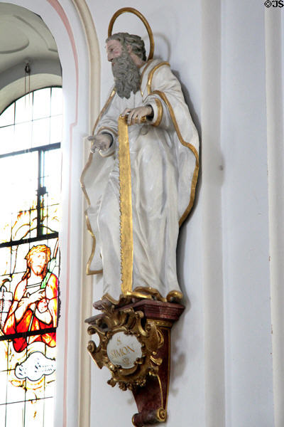 Statue of St Simon, Apostle, with his attribute, a bucksaw at St Aegidius parish church. Gmund am Tegernsee, Germany.