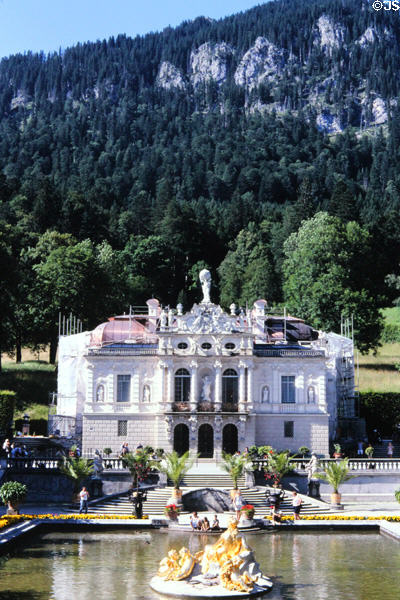 Entrance to Linderhof Castle in its wooded setting. Ettal, Germany.