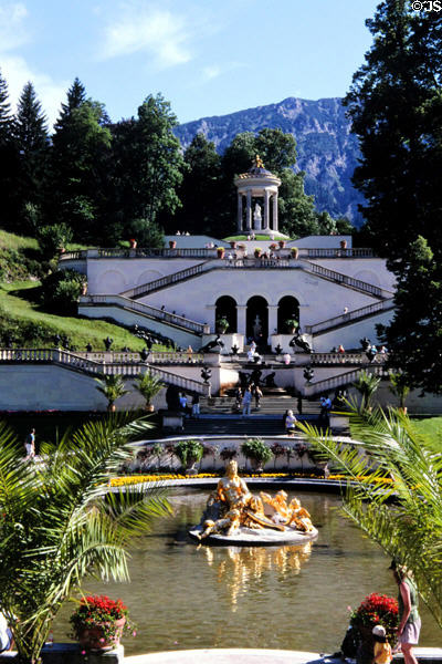 Linderhof Castle garden terraces with Temple of Venus in the background. Ettal, Germany.