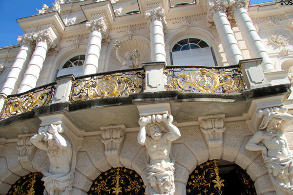 Details of stone carvings & gilded wrought iron work on front facade of Linderhof Castle. Ettal, Germany.