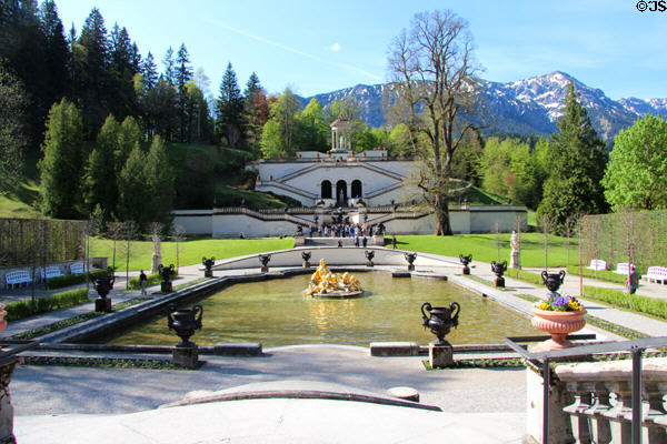 View as seen from steps in front of Linderhof Castle. Ettal, Germany.