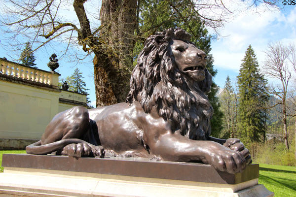 One of pair of cast zinc lions on grounds of Linderhof Castle. Ettal, Germany.