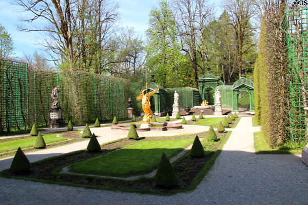 Statuary & fountain in formal garden of Linderhof Castle. Ettal, Germany.