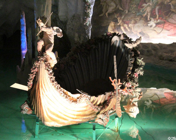 Gilt shell-shaped boat in Venus Grotto at Linderhof Castle. Ettal, Germany.