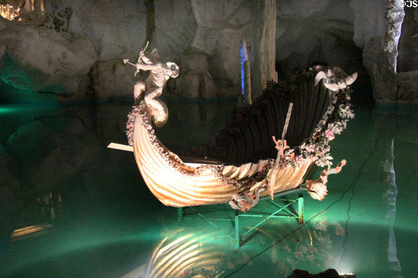 Shell-shaped boat with cupid on the prow in Venus Grotto at Linderhof Castle. Ettal, Germany.