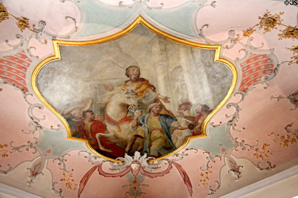 Ceiling painting by Franz Georg Hermann of King on horseback at Kempten Residenz. Kempten, Germany.