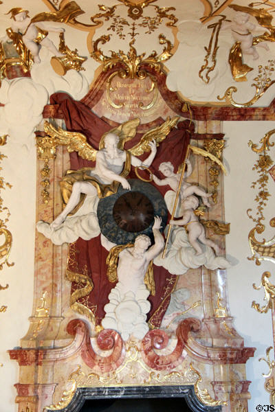 Baroque clock with Latin verse appealing for peace at Kempten Residenz. Kempten, Germany.