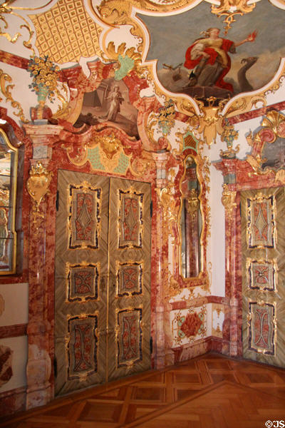 Detail of baroque room ornamentation, including painting by Franz Georg Hermann, at Kempten Residenz. Kempten, Germany.