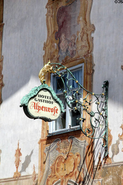 Elaborate wrought iron & gilding on hotel sign. Mittenwald, Germany.