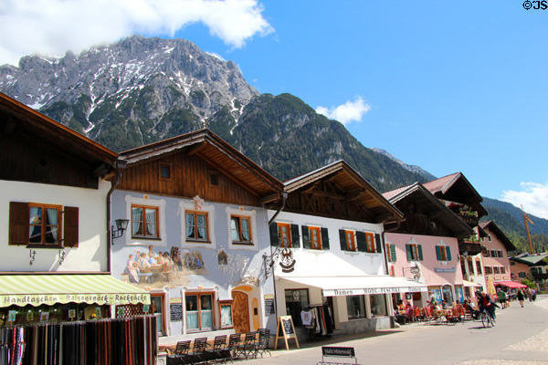 Main street with Alps foothills in the background. Mittenwald, Germany.