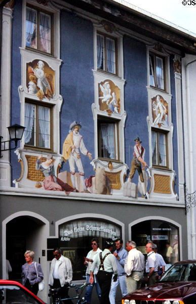 Building facade with trompe l'oeil (visual illusion) paintings. Mittenwald, Germany.