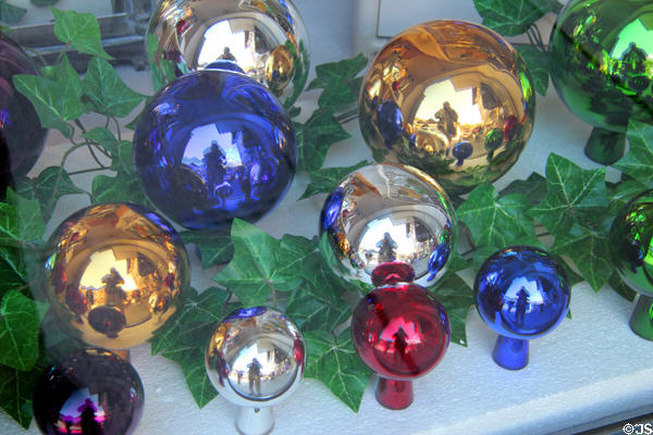 Display of shiny Christmas ornaments. Mittenwald, Germany.