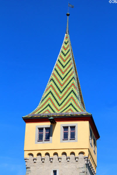 Multi-colored tile design on roof of Mangturm. Lindau im Bodensee, Germany.