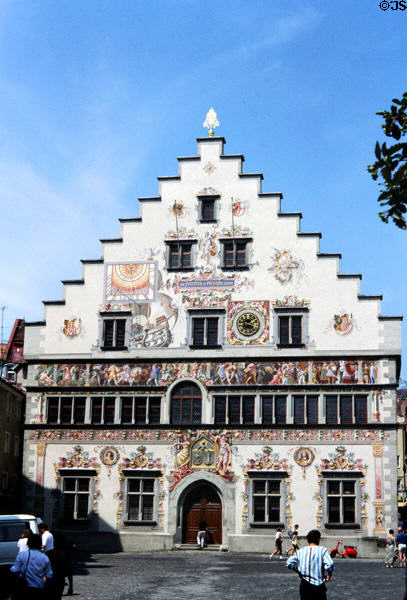 Front of Old Town Hall (1422) with stepped roof and decorative murals. Lindau im Bodensee, Germany.