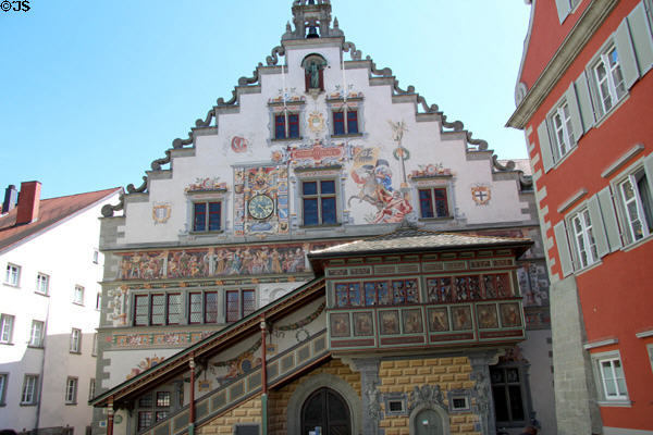 Old Town Hall (1422) with stepped roof, decorative murals on facade & wooden gallery. Lindau im Bodensee, Germany.