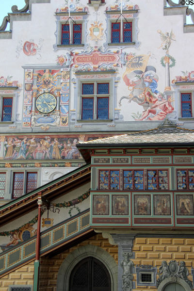 Details of back facade of Old Town Hall including clock & allegorical murals. Lindau im Bodensee, Germany.