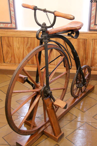 Early German penny-farthing-type bicycle at Lindau Municipal Museum. Lindau im Bodensee, Germany.