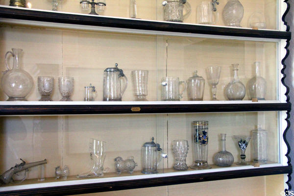 Display of German glass drinking vessels (18th & 19thC) at Lindau Municipal Museum. Lindau im Bodensee, Germany.