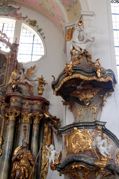 Baroque pulpit (1756) by P. Zwinck at St Peter & Paul church. Oberammergau, Germany.