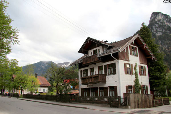 Traditional style building below foothills of Ammergau. Oberammergau, Germany.