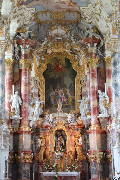 Baroque painting of Holy Family serves as focus of high altar at Wieskirche. Steingaden, Germany.