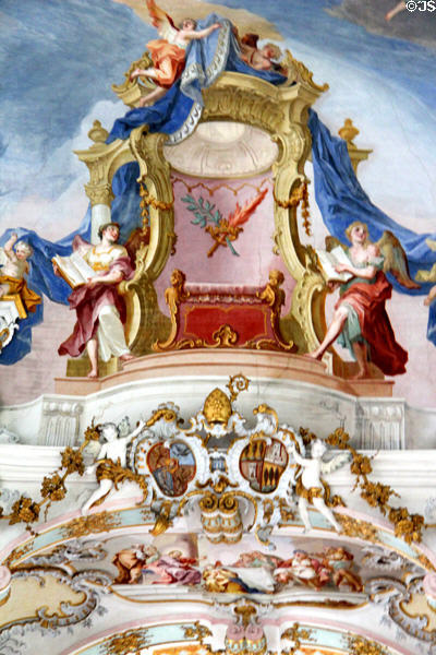 Baroque ceiling detail of throne at Wieskirche. Steingaden, Germany.