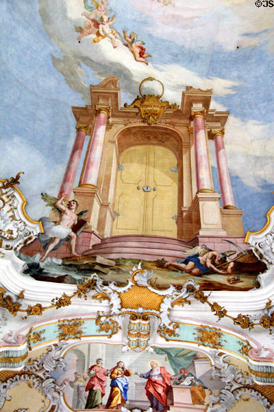 Baroque ceiling detail of tromp l'oeil door at Wieskirche. Steingaden, Germany.