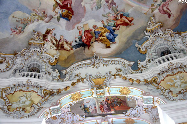 Baroque painted ceiling details at Wieskirche. Steingaden, Germany.