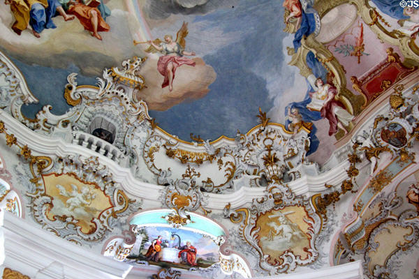 Baroque painted ceiling details at Wieskirche. Steingaden, Germany.
