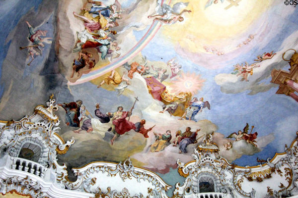 Baroque ceiling painting of heaven with rainbow at Wieskirche. Steingaden, Germany.