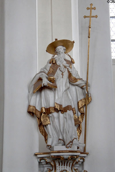 Statue of church father St Jerome with symbols Cardinal's hat & skull at Wieskirche. Steingaden, Germany.