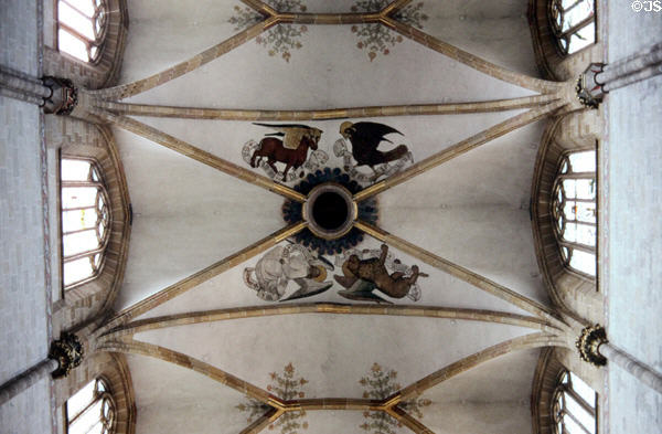 Symbols of the four Evangelists painted on vaulting of Ulm Münster. Ulm, Germany.