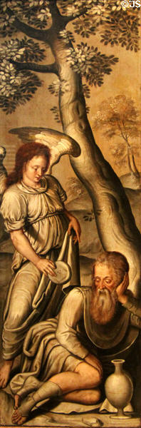 Elijah being fed bread by an angel in the wilderness painting on wood (c1550) by Dutch Master at Museum of Bread and Art. Ulm, Germany.