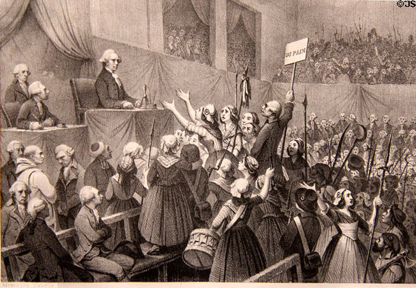 Mob Demanding Bread at French National Assembly (5 & 6 Oct. 1789) lithograph (1838) by Alexandre Debelle & C. Pegeron (engraver) at Museum of Bread and Art. Ulm, Germany.