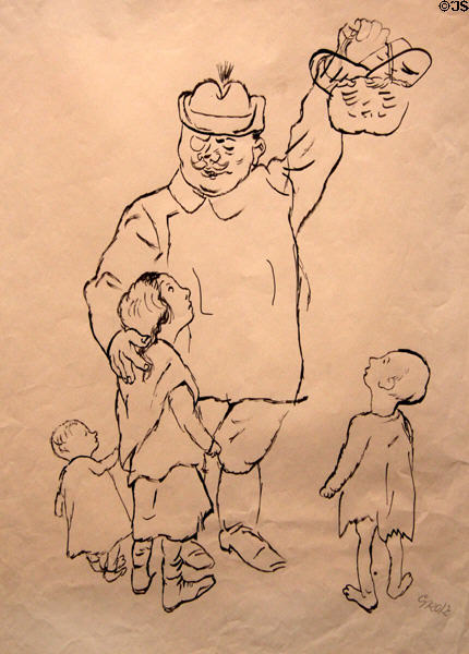 Post-war Profiteer Holds Bread Basket Above Heads of Three Hungry Children (1920) by George Grosz at Museum of Bread and Art. Ulm, Germany.
