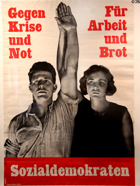 Poster (1931) by Paul Senn for Swiss Social Democratic party with slogan Against Crisis & Emergencies - For Work & Bread at Museum of Bread and Art. Ulm, Germany.