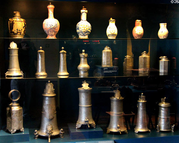 Commemorative or gift vessels, mostly metal, in a variety of forms related to bakers & guilds at Museum of Bread and Art. Ulm, Germany.