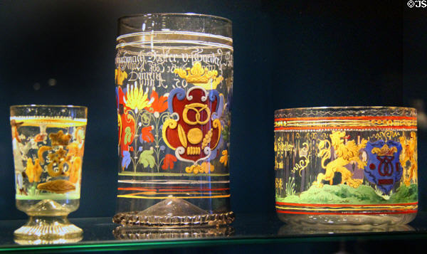 Enameled glass beakers (1664) were sometimes gifts of friendship by people close to a guild at Museum of Bread and Art. Ulm, Germany.