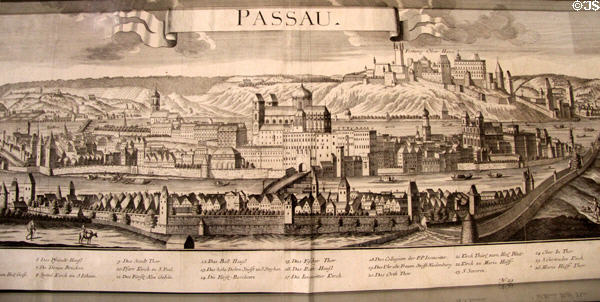 Antique picture map etching of Passau at Danube Schwabian Museum. Ulm, Germany.