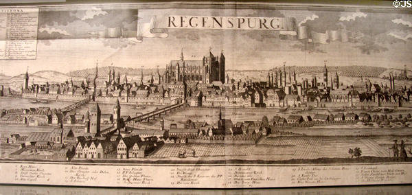 Antique picture map etching of Regensburg at Danube Schwabian Museum. Ulm, Germany.