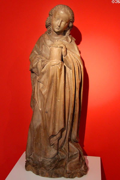 St Mary Magdalene carving (1450-60) carrying her ointment jar symbol by unknown artist at Ulmer Museum. Ulm, Germany.