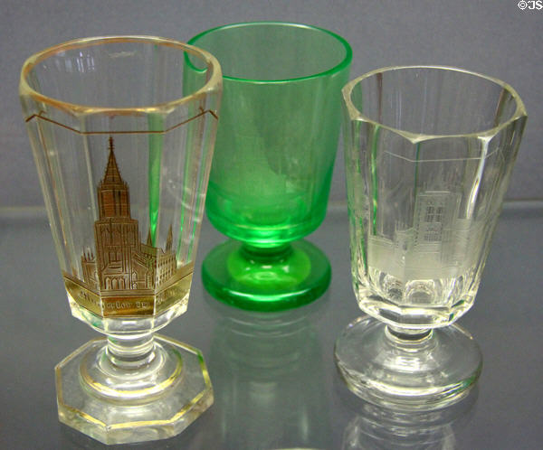 Drinking glasses with images of Ulm (19thC) at Ulmer Museum. Ulm, Germany.