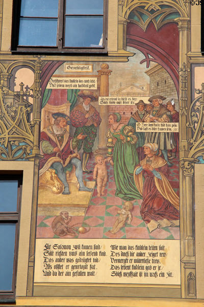 Justice of King Soloman scene painted on Ulm Rathaus. Ulm, Germany.