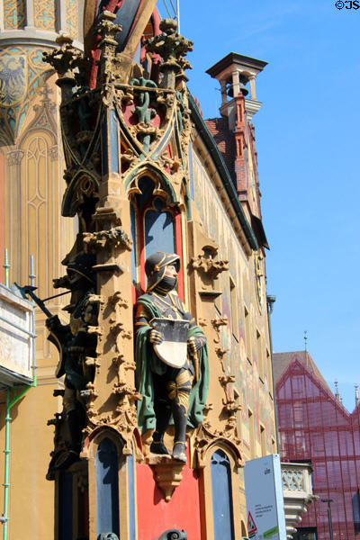 Figure of knight holding shield on facade of Ulm Rathaus. Ulm, Germany.