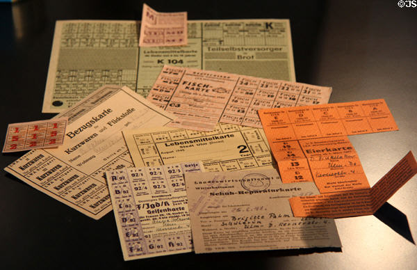 Post WW II German ration cards for wide-range of goods at Schwörhaus museum. Ulm, Germany.