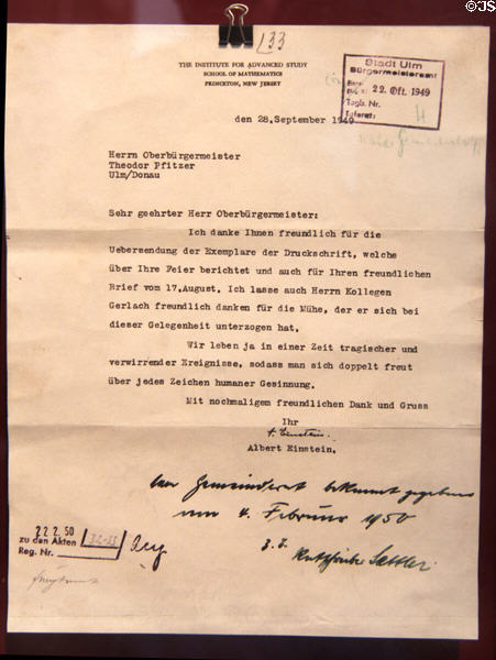 Albert Einstein's letter of thanks to Ulm mayor for info on conditions in Germany at Schwörhaus museum. Ulm, Germany.